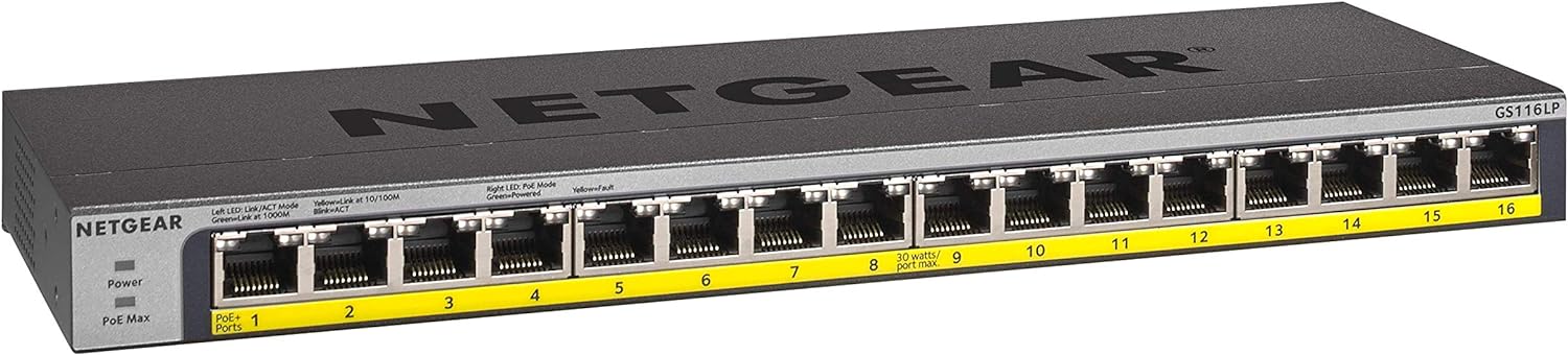 Netgear GS116LP-100EUS 16 Port Gigabit Ethernet PoE+ Unmanaged Desktop Switch 76W
